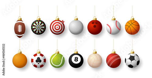 Realistic Sport Christmas balls set. Christmas set with sport baseball, basketball, football, tennis, cricket, soccer, volleyball, bowling, billiard balls hang on a thread. Vector illustration