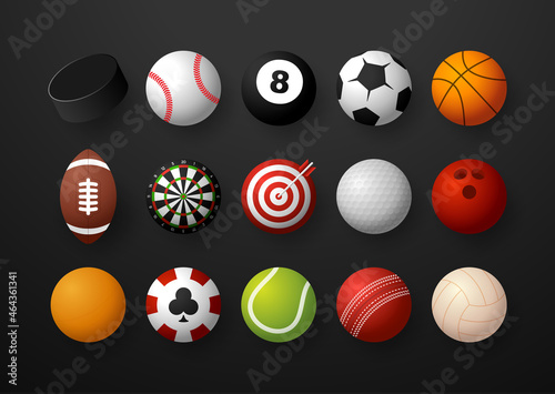 Sports equipment set. Realistic sports balls vector big set isolated on black background.