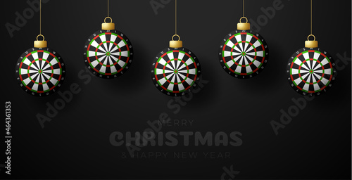 Darts christmas greeting card. Merry Christmas and Happy New Year Hang on a thread dartboards as a xmas ball. sport Vector illustration. photo