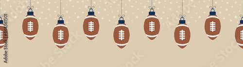 Christmas football seamless horizontal pattern. Hang on a thread flat cartoon as a Christmas rugby ball on horizontal background. Sport Vector illustration.