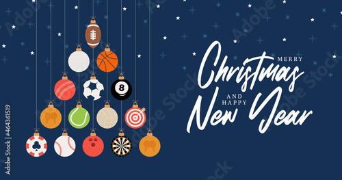 Sport Christmas illustration. Creative Xmas tree made by football, soccer, basketball, cricket, golf, baseball, tennis ball. Christmas and new year flat Vector Sport greeting card banner