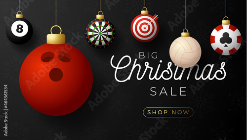 Sport christmas sale banner. Christmas card with sport baseball, basketball, football, tennis balls hang on a thread on black modern background. Vector illustration. Place for your text