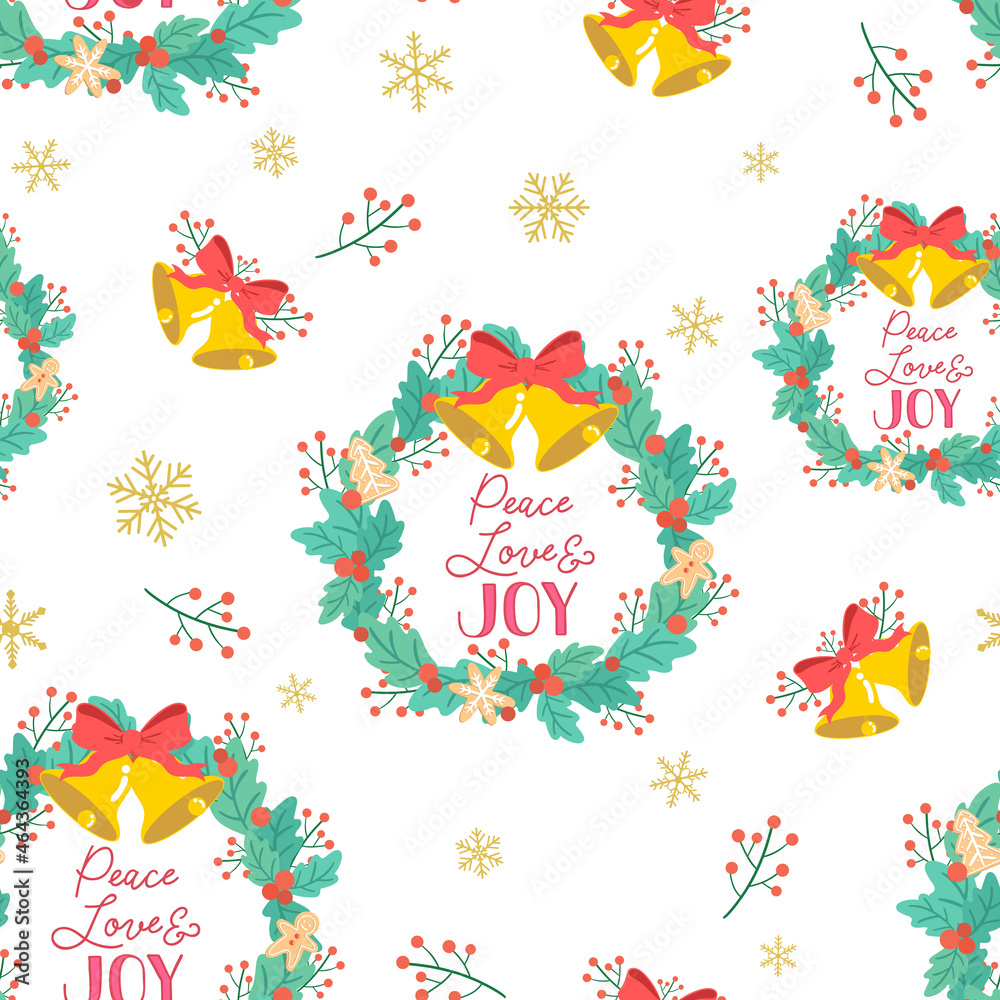Christmas pattern. Seamless pattern with Christmas wreath, and snow. Holiday background. Vector.