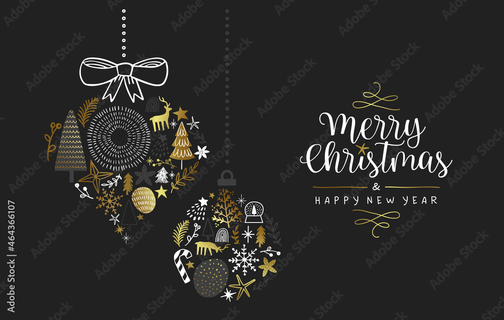 Christmas New Year gold winter doodle ornament - obrazy, fototapety, plakaty 