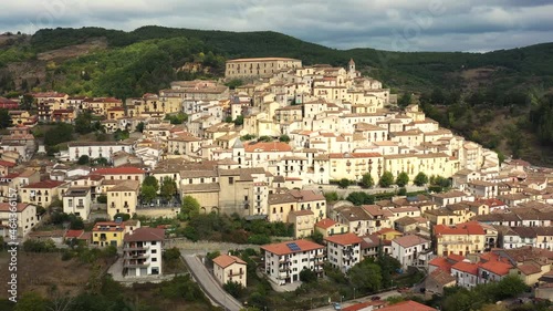 Calvello, Potenza, Basilicata, mountain village near chestnut groves, aerial shot with drone

 photo