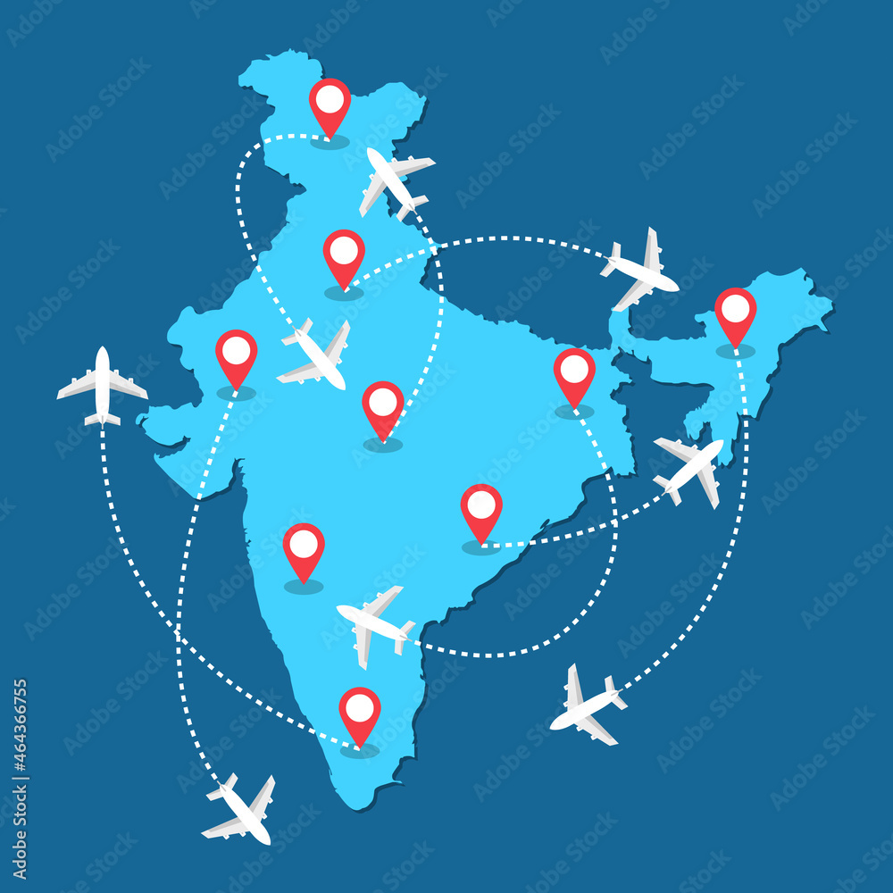 Plane Map Of India Planes Routes Flying Over India Map, Tourism And Travel Concept  Illustrations Stock Vector | Adobe Stock