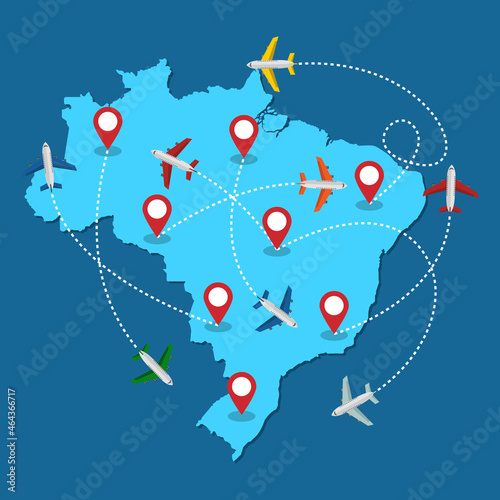 Planes routes flying over Brazil map, tourism and travel concept Illustrations