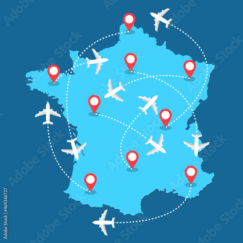 Planes routes flying over France map, tourism and travel concept Illustrations