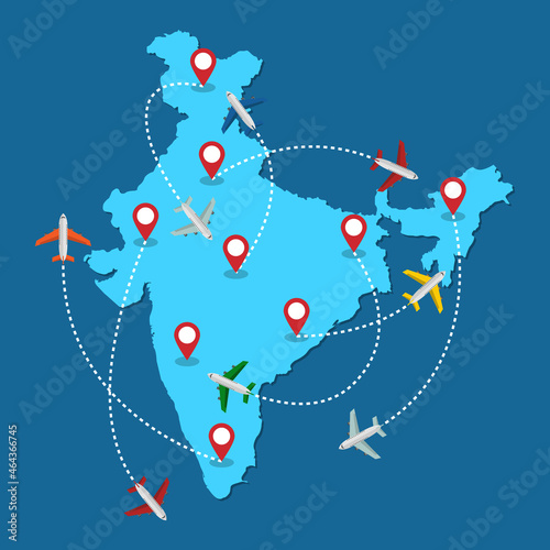 Planes routes flying over India map, tourism and travel concept Illustrations