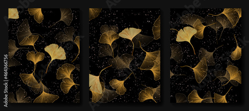 Luxury black and white background with golden ginkgo leaves with stars on the background. Stylish botanical poster design for decoration.