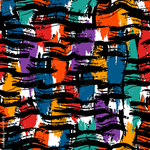 Abstract expressionism style seamless pattern. Hand drawn chaotic paint smears surface print. Freehand modern texture background. Handdrawn artistic design wallpaper