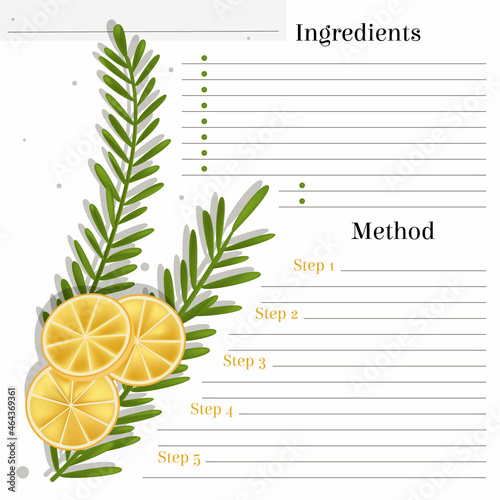 Vector layout, page template for food recipe entries. There is a place for text, ingredients, method, name. Rosemary branch, lemon, slices, chopped, are depicted.