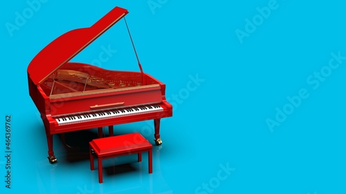 Ref-Gold Grand Piano under sky blue background. 3D illustration. 3D high quality rendering. 