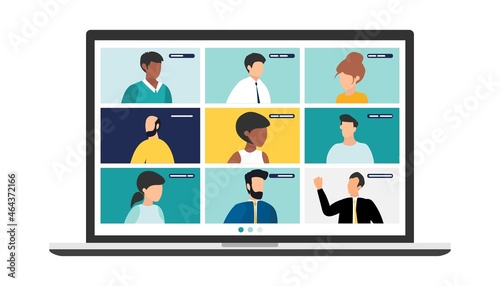 people connecting together, learning or meeting online with teleconference. Video conference remote working on laptop computer. Work from home and work from anywhere concept, flat vector illustration