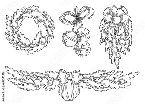 Black and white set of graphic vector hand-drawn Christmas elements in doodle style. Christmas wreath, bells, garlands with bows.  