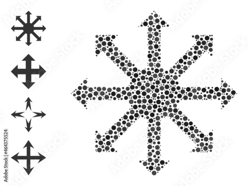 Round dot composition radial arrows. Vector collage is based on radial arrows icon, and created of random circle elements. Vector icon of radial arrows combined of random circle pixels.