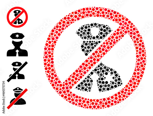 Circle collage no police officer. Vector mosaic is based on no police officer icon, and formed of random round elements. Vector icon of no police officer composed of randomized circle dots.