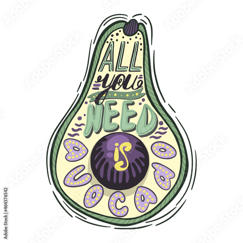 Doodle avocado in vector. Idea for design of menus, postcards, banners, backgrounds, illustrations.