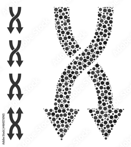 Round dot mosaic shuffle arrows down. Vector mosaic is based on shuffle arrows down symbol, and constructed of random round parts.