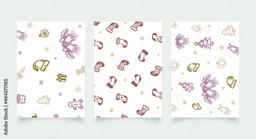 3 Christmas Background Pattern, hand drawn cute icon card template in doodle