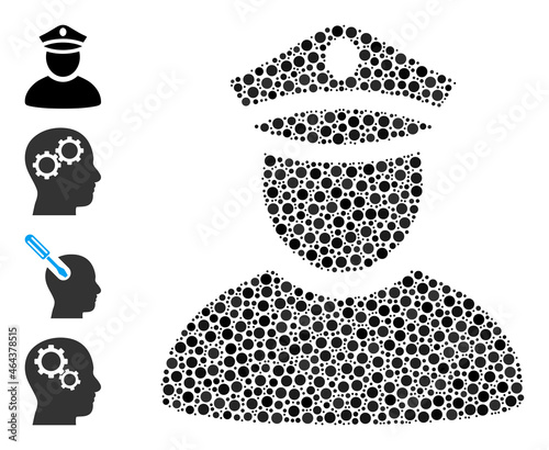 Circle collage police man. Vector mosaic is based on police man icon, and formed with random round elements. Vector icon of police man formed of scattered round elements.