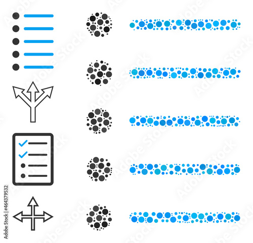 Round dot collage items. Vector collage is based on items icon, and organized of scattered round spots. Vector icon of items combined of irregular spheric dots.