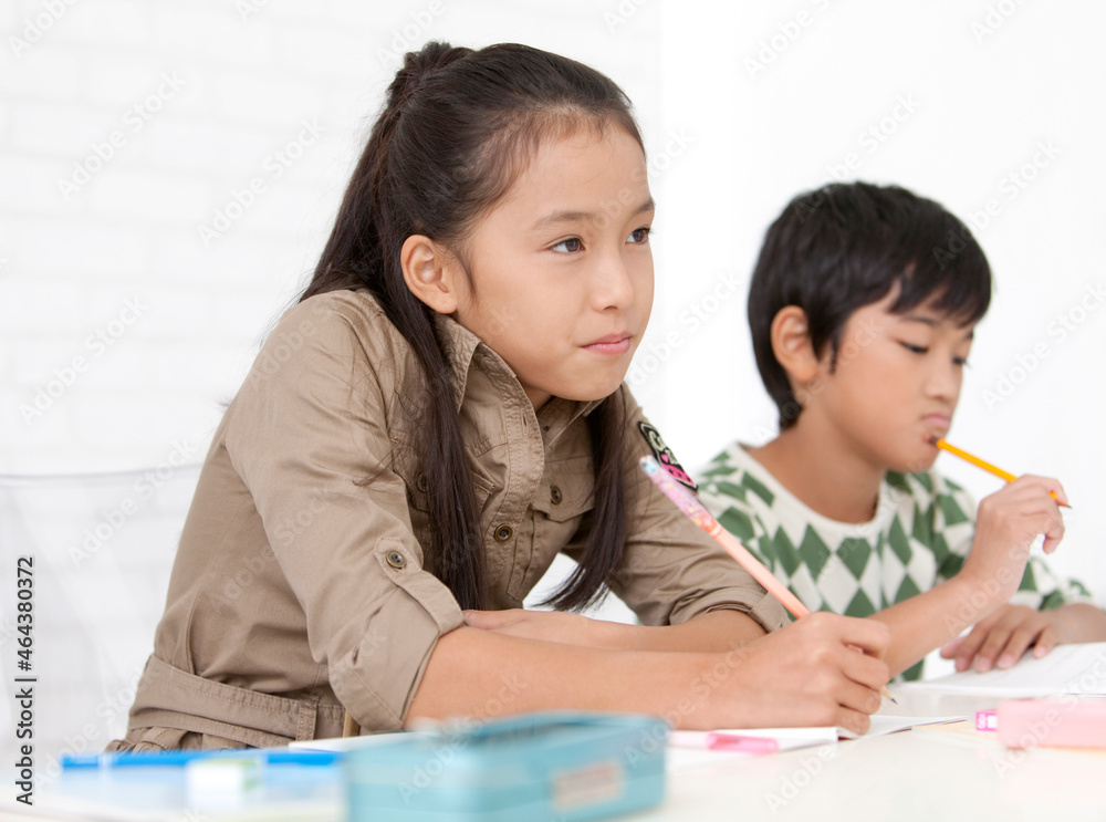 授業を受ける小学生の男の子と女の子 授業を受ける小学生の男の子と女の子