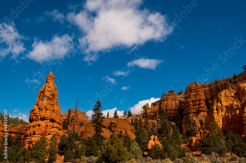 Hoodoos in red canyon on a sunny day