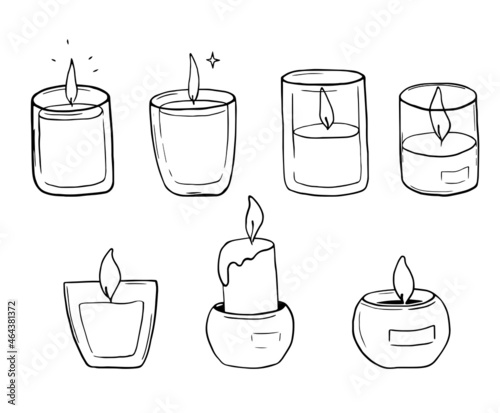 Hand drawn set of candles. Doodle candles. Burning aroma candles in glass jars doodle