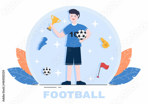 Play Football with Soccer Team Players Celebrate Their Victory in Matches and Get Gold Trophies. Vector Illustration