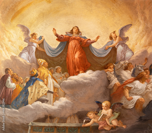 ROME, ITALY - AUGUST 27, 2021: The fresco of Assumption of Our Lady in the Vision of St Bonaventure in the church Chiesa di Santa Lucia del Gonfalone by Cesare Mariani (1863). photo