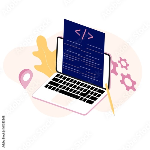 Modern flat design concept of software development coding process. Developing, designer, programming, testing cross platform code, app, UI. Create, editing script for website and mobile devices.