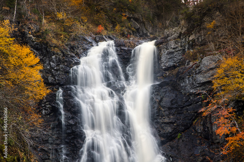 North River waterfalls, the highest waterfall of Nova Scotia Gushing water fall in an autumn forest landscape. North River Falls, Cape Breton, Nova Scotia, Canada