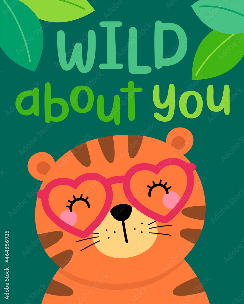 Cute tiger cartoon illustration with text “Wild about you” for valentine's card design.