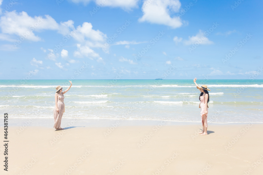 Beautiful young woman doing selfie on the beach. Relax travel on the beach concept Beautiful young woman doing selfie on the beach. Relax travel on the beach concept