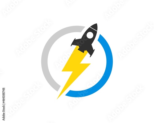 Circle shape with electrical lightning and rocket photo