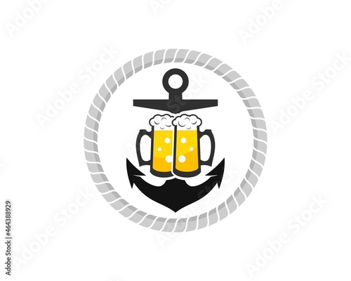 Circular rope with anchor ship and two beer glass