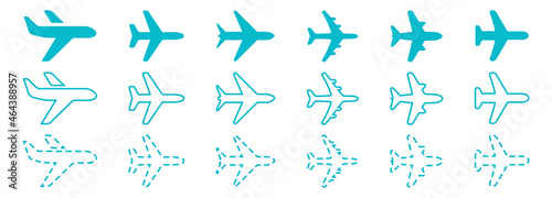 planes group, a set of different planes, transport, vector illustrations, blue strokes of planes