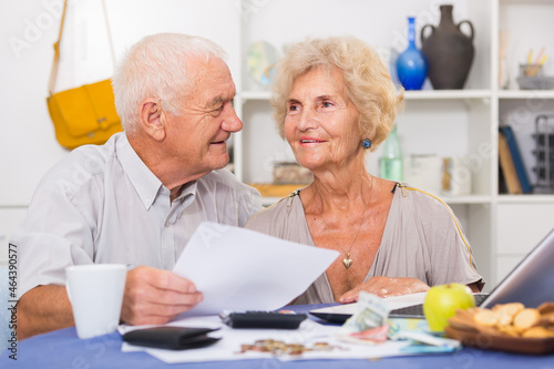 Smiling senior couple sitting at table counting home finances with laptop