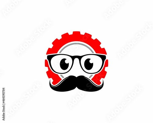 Eyeglass and mustache in the gear logo
