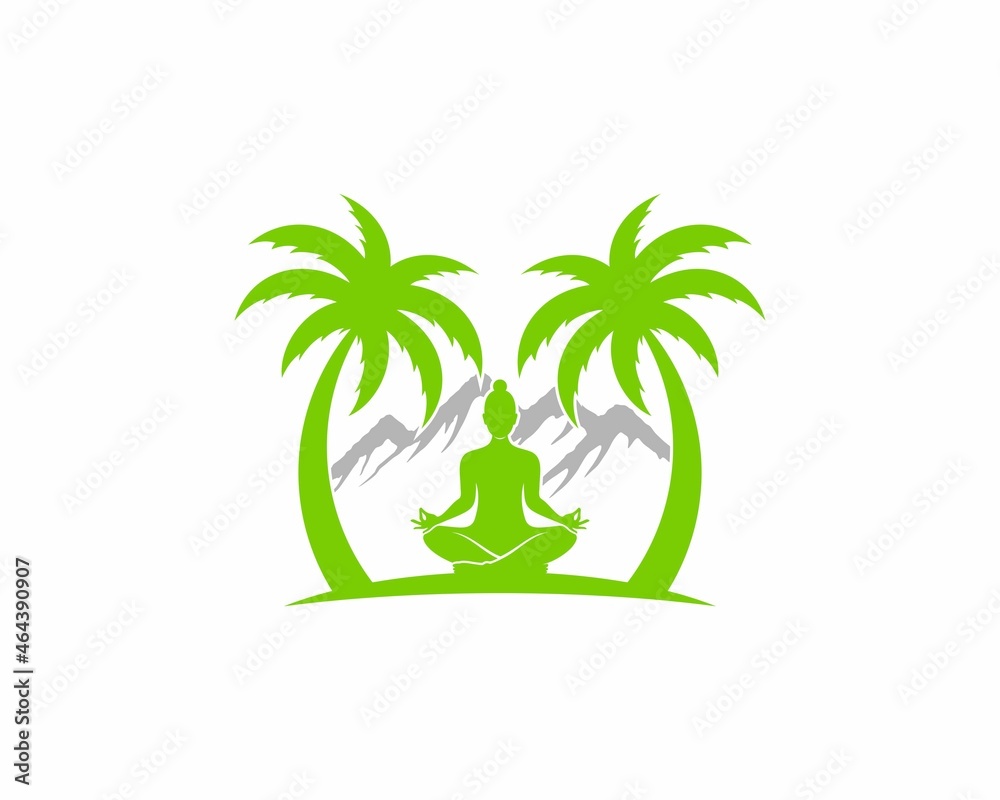 Woman meditation between palm tree logo