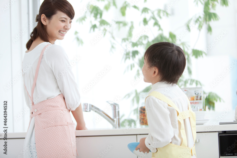 皿洗いをする親子 皿洗いをする親子