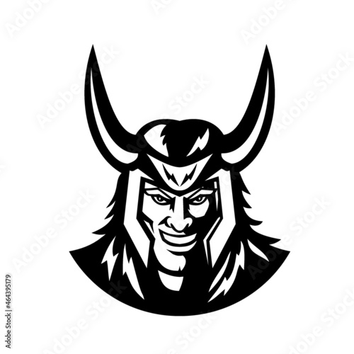 Mascot illustration of head of Loki the great trickster and god of mischief in Norse mythology viewed from front on isolated background in black and white retro style.