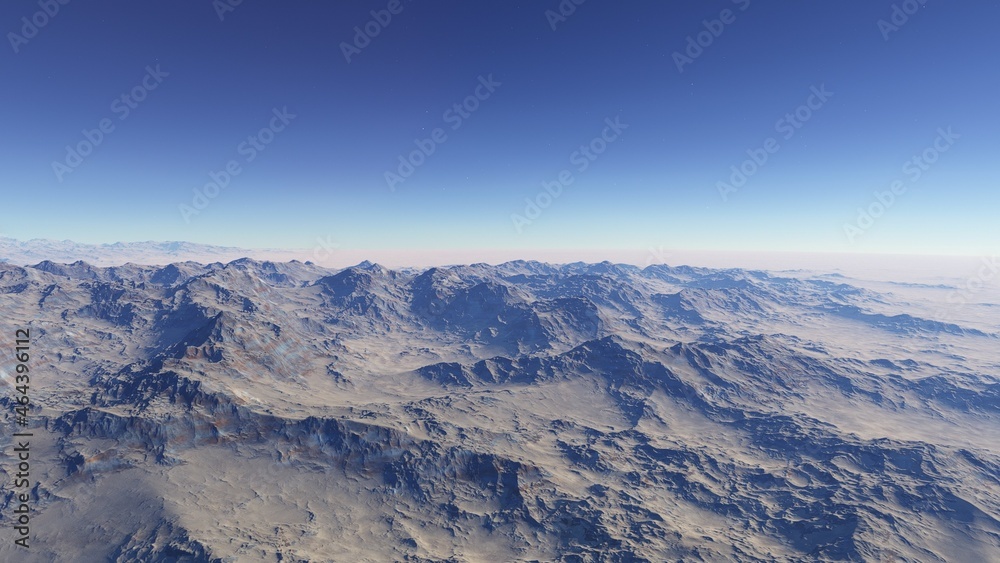 Exoplanet fantastic landscape. Beautiful views of the mountains and sky with unexplored planets. 3D illustration