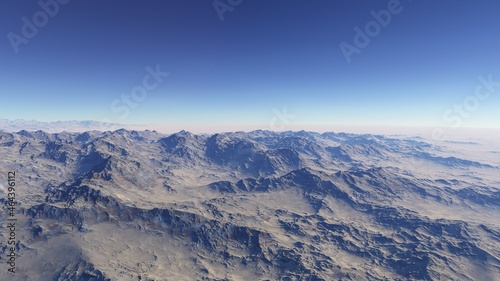 Exoplanet fantastic landscape. Beautiful views of the mountains and sky with unexplored planets. 3D illustration © ANDREI