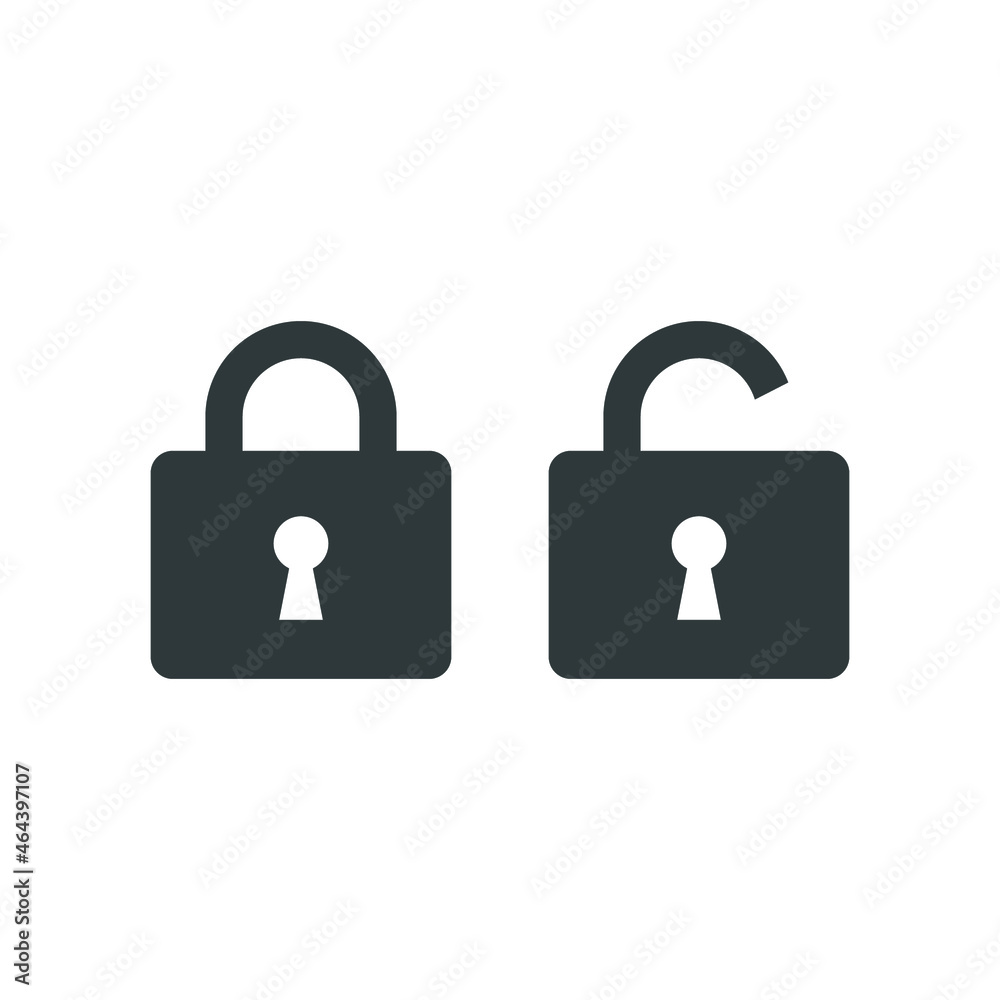 Lock and unlock icon. Simple solid style. Locker, open, closed, padlock, key, symbol, private, web, flat, password, safety, secure concept. Vector illustration isolated on white background EPS 10
