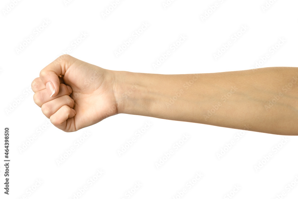 Hand clenched in a fist. Woman hand gesturing isolated on white Hand clenched in a fist. Woman hand gesturing isolated on white