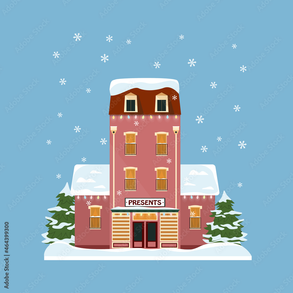 Obraz premium Decorated buildings for 2022 new year and christmas. Building with tree and fir tree at yard, construction facade with lanterns for xmas. Holiday and celebration,winter architecture