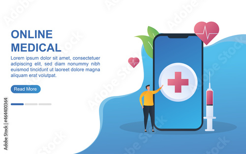 Illustration concept of online medical with the medical emblem on the screen.