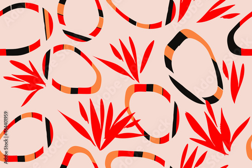 Rings. Tropical leaves. Exotic pattern. Creative seamless background. Fashion template for design, clothing, textiles